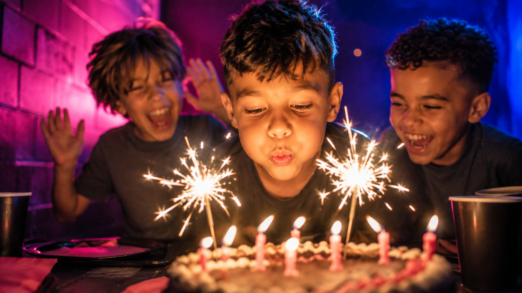 kids celebrating a birthday around a cake with sparkler candles in pink and blue party light